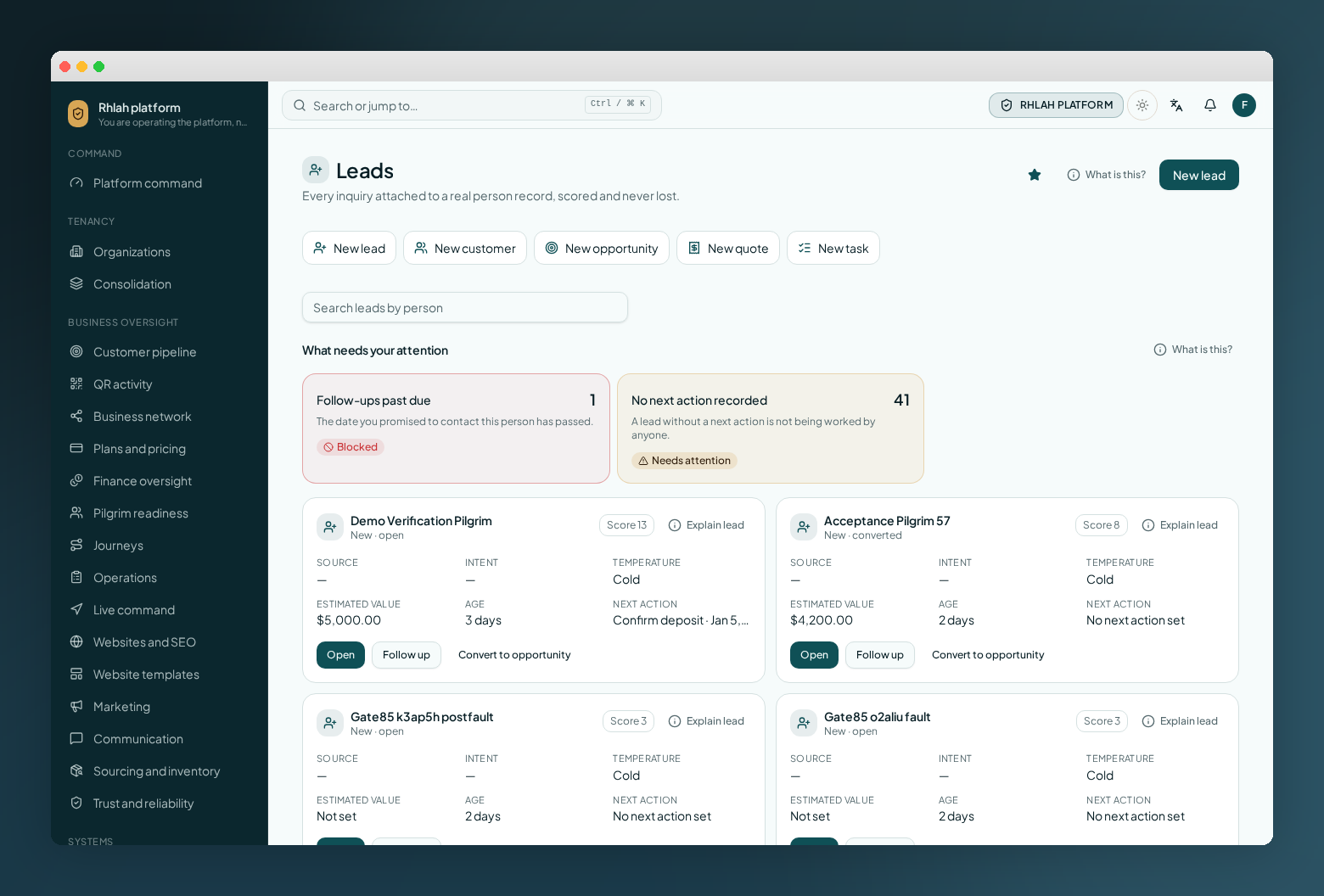 Rhlah CRM leads workspace showing inquiry cards, follow-up status and next actions.